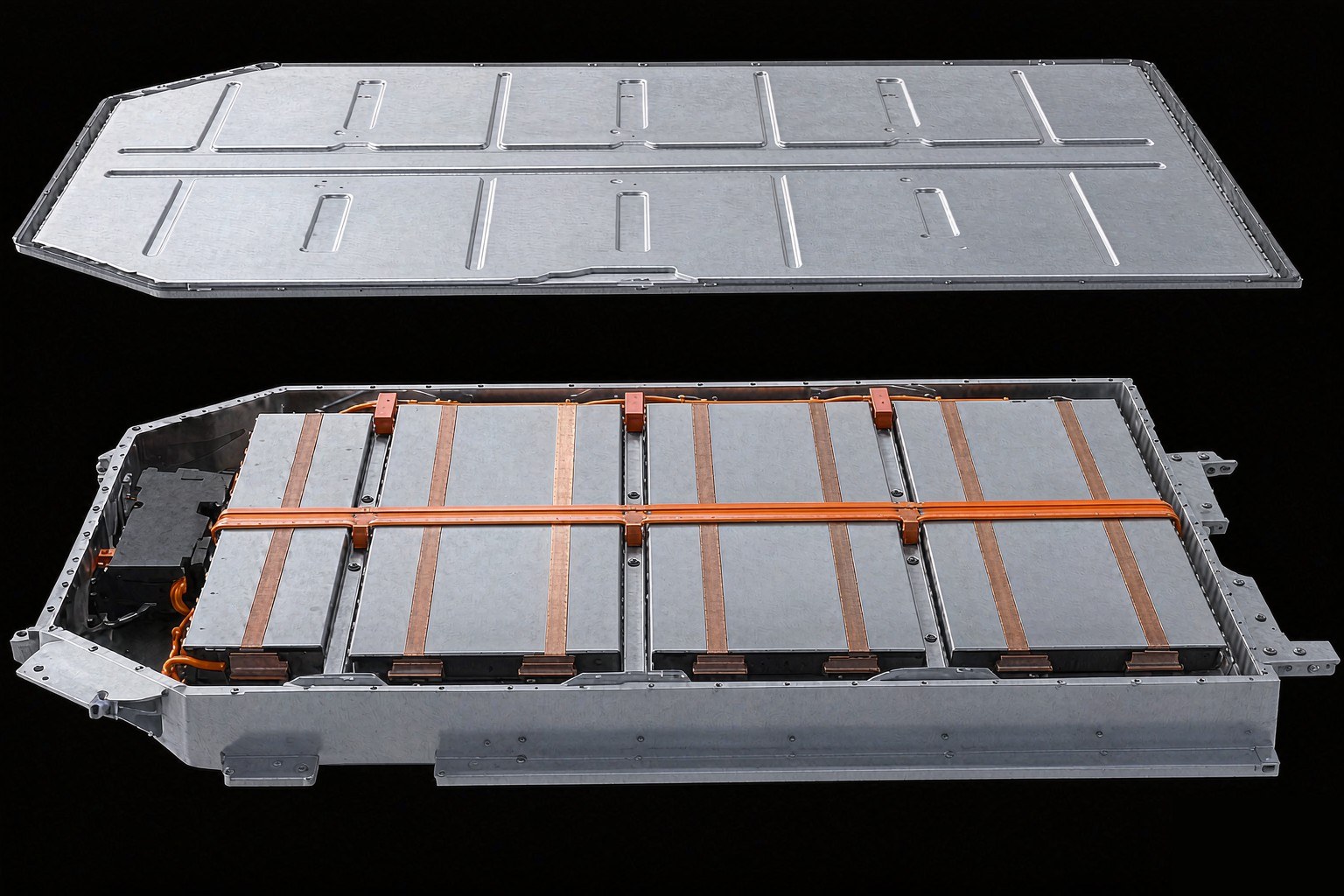 Exploded view of an EV battery pack showing the top cover above the module array inside the aluminium enclosure
