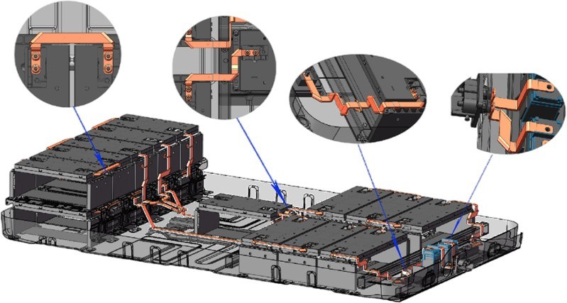 Cutaway view of EV battery pack interconnect busbars with detail views of the connector joints where mica tape is applied